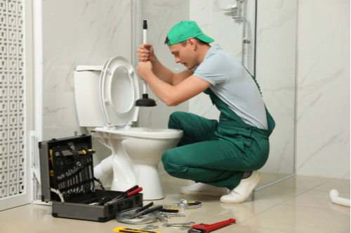 plumber unclogging a toilet, concept of Parkland emergency plumbing services