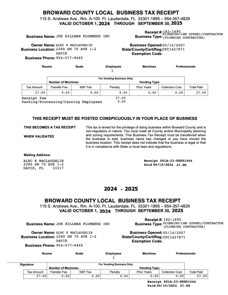 Joe Hillman Plumbers: Broward County Local Business Tax Receipt 2024-2025