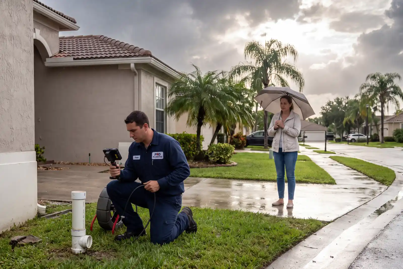 Plumber inspecting an exterior sewer cleanout at a South Florida home after heavy rain.