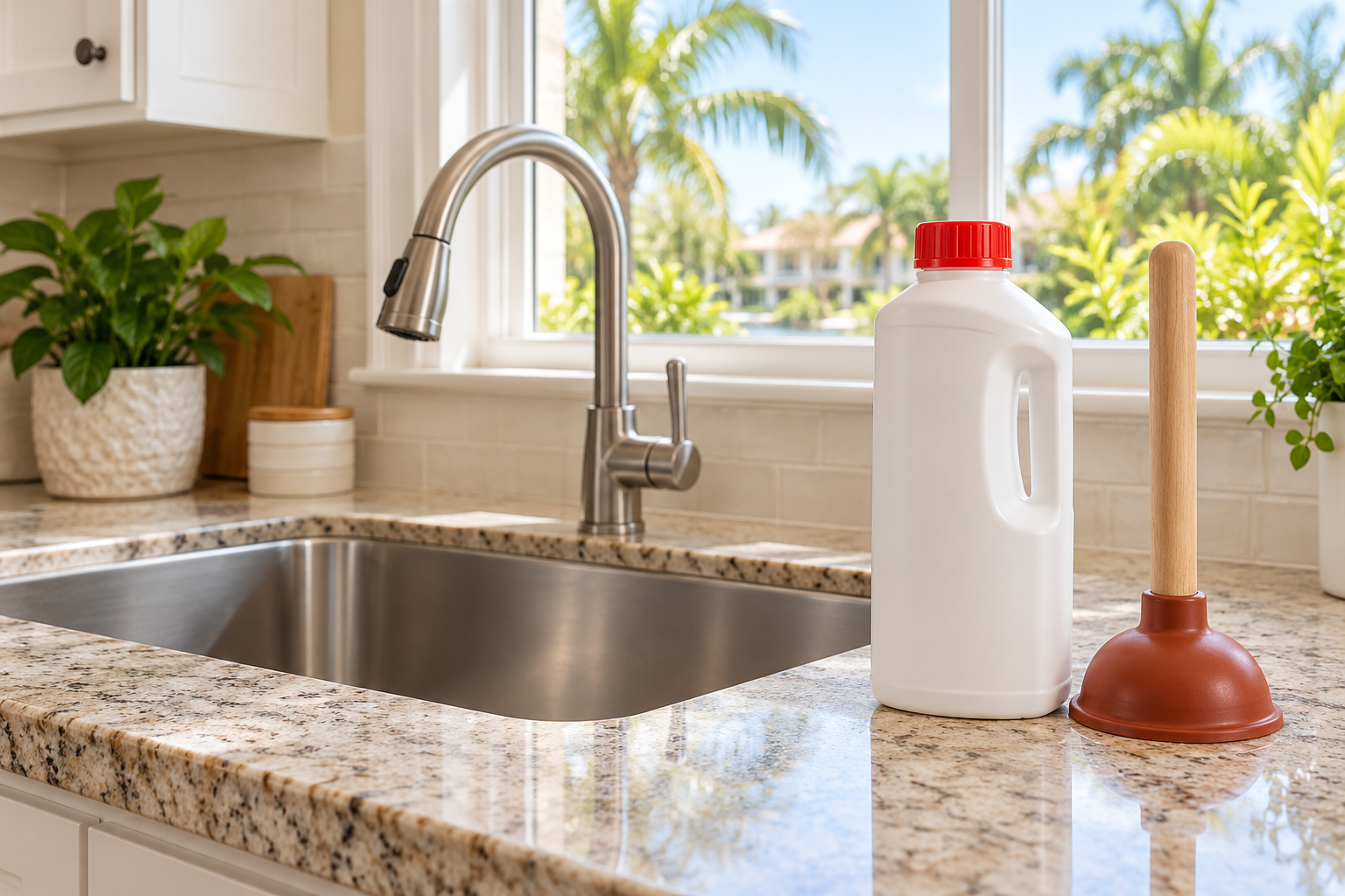 Closed drain-cleaner bottle and cup plunger beside a kitchen sink in a Florida home.